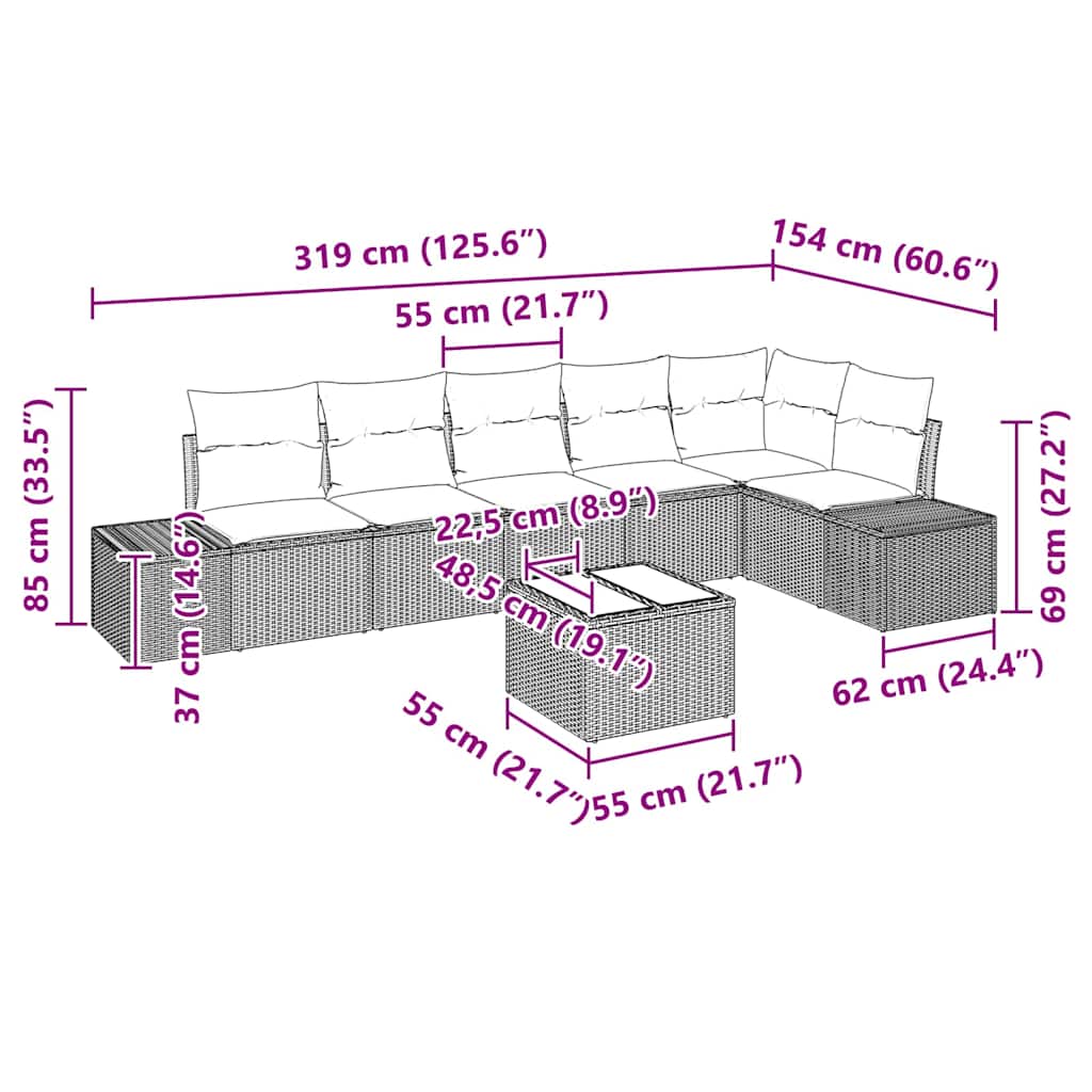 Gartensofa-set mit Kissen 7 pcs Beige und Grau Poly-Rattan