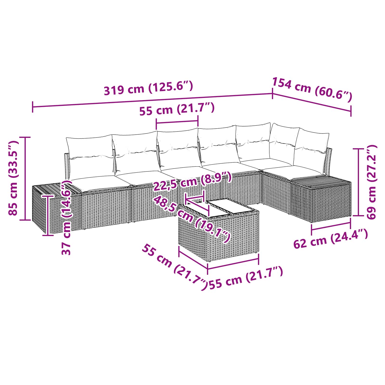 Gartensofa-set mit Kissen 7 pcs Braun Poly-Rattan