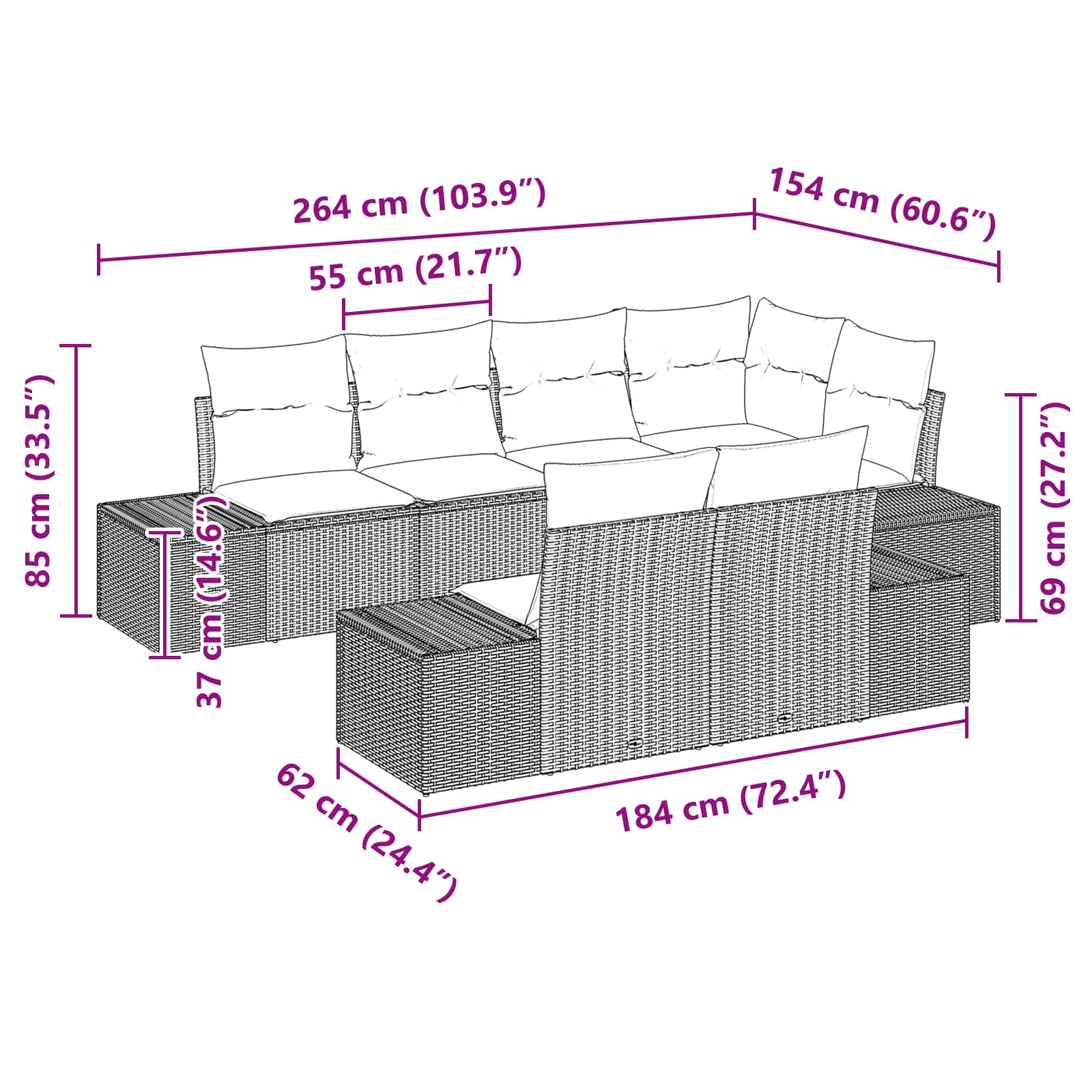 Gartensofa-set mit Kissen 7 pcs Braun Poly-Rattan