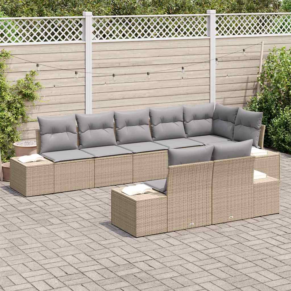 Gartensofa-set mit Kissen 8 pcs Beige und Grau Poly-Rattan