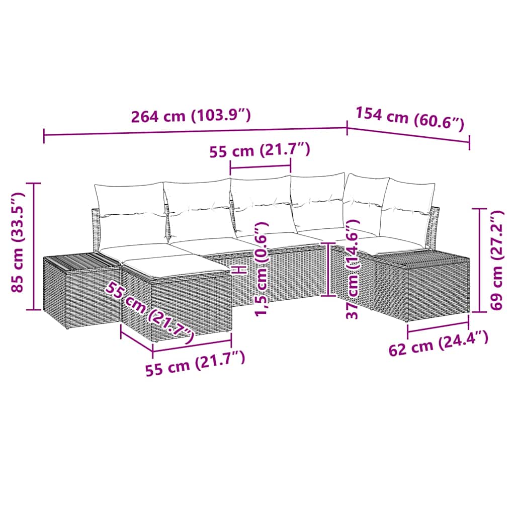 Gartensofa-set mit Kissen 6 pcs Schwarz Poly-Rattan