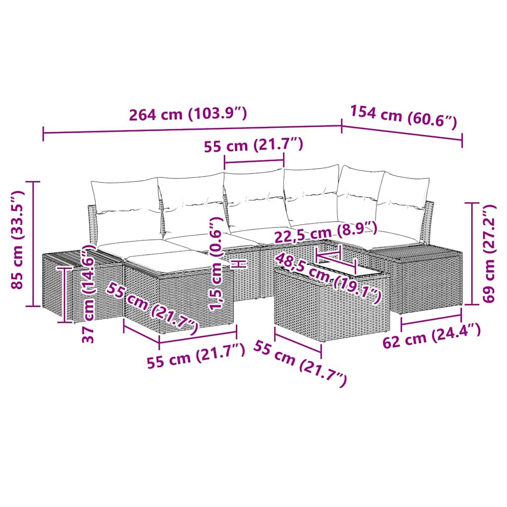 Gartensofa-set mit Kissen 7 pcs Hellgrau Poly-Rattan