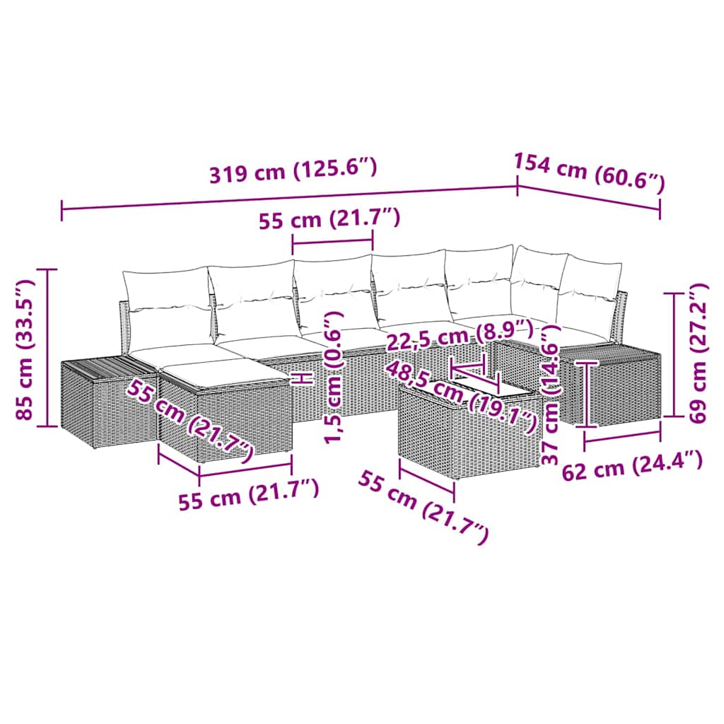 Gartensofa-set mit Kissen 8 pcs Braun Poly-Rattan