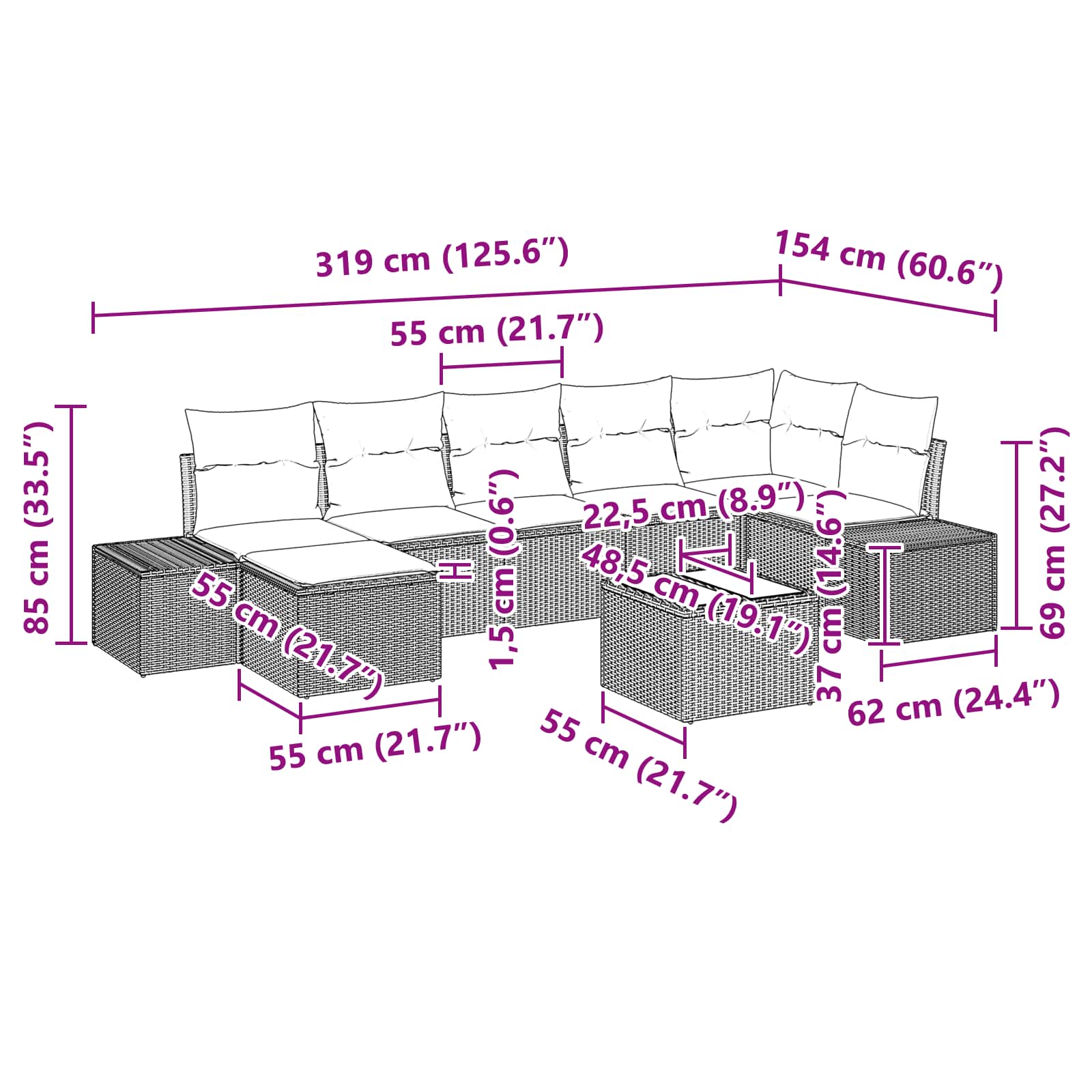 Gartensofa-set mit Kissen 8 pcs Braun Poly-Rattan