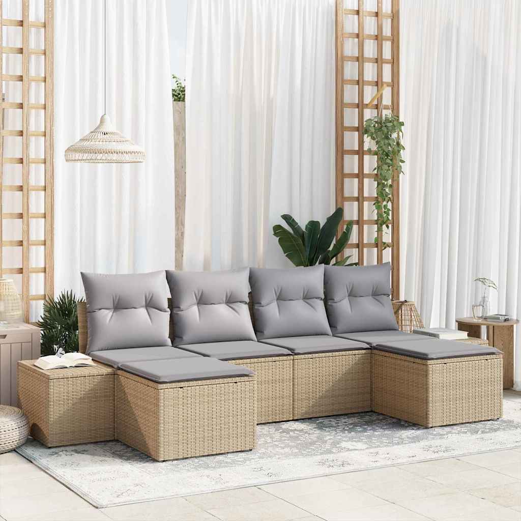 Gartensofa-set mit Kissen 6 pcs Beige Poly-Rattan