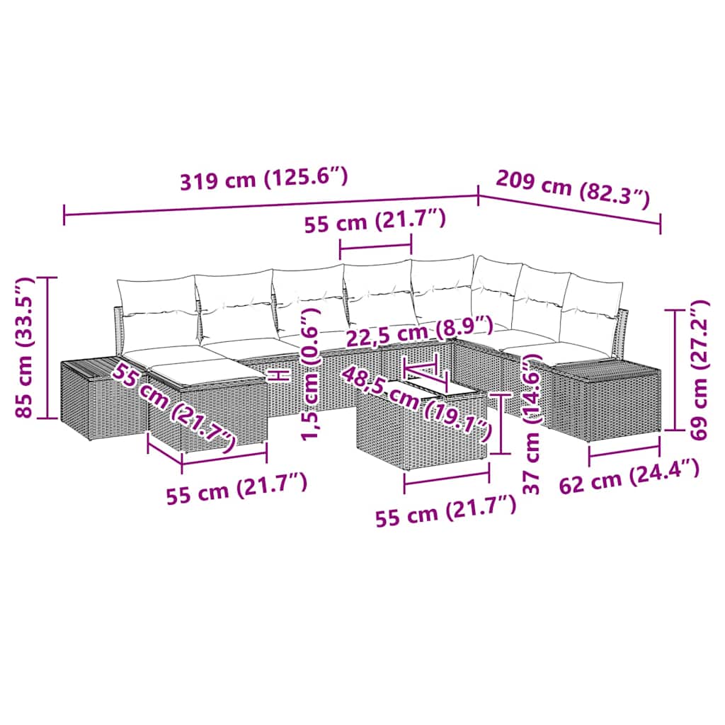 Gartensofa-set mit Kissen 9 pcs Poly-Rattan
