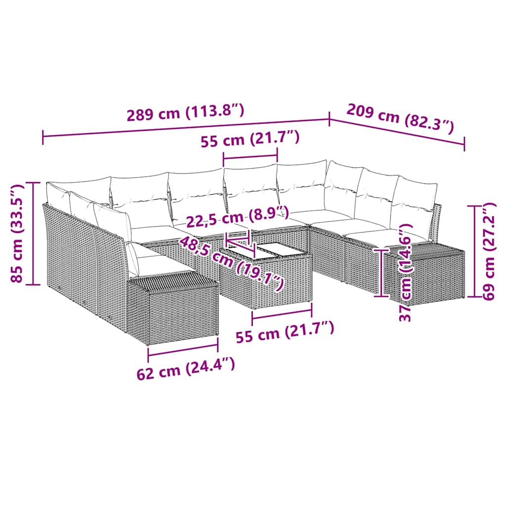 Gartensofa-set mit Kissen 10 pcs Grau Poly-Rattan