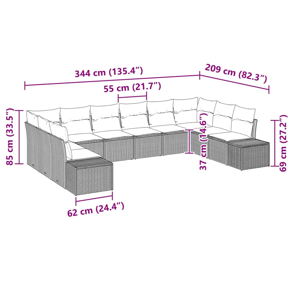 Gartensofa-set mit Kissen 10 pcs Grau Poly-Rattan