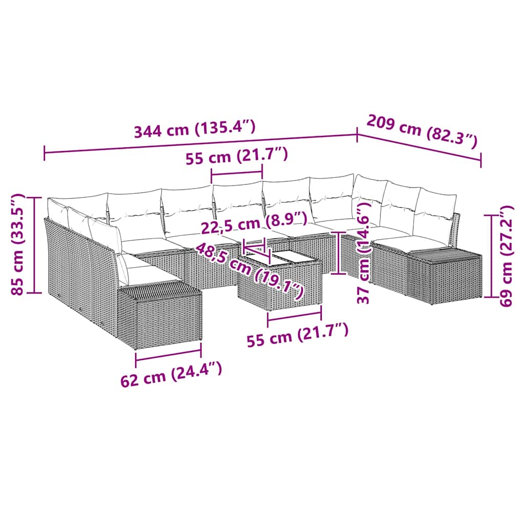 Gartensofa-set mit Kissen 11 pcs Grau Poly-Rattan