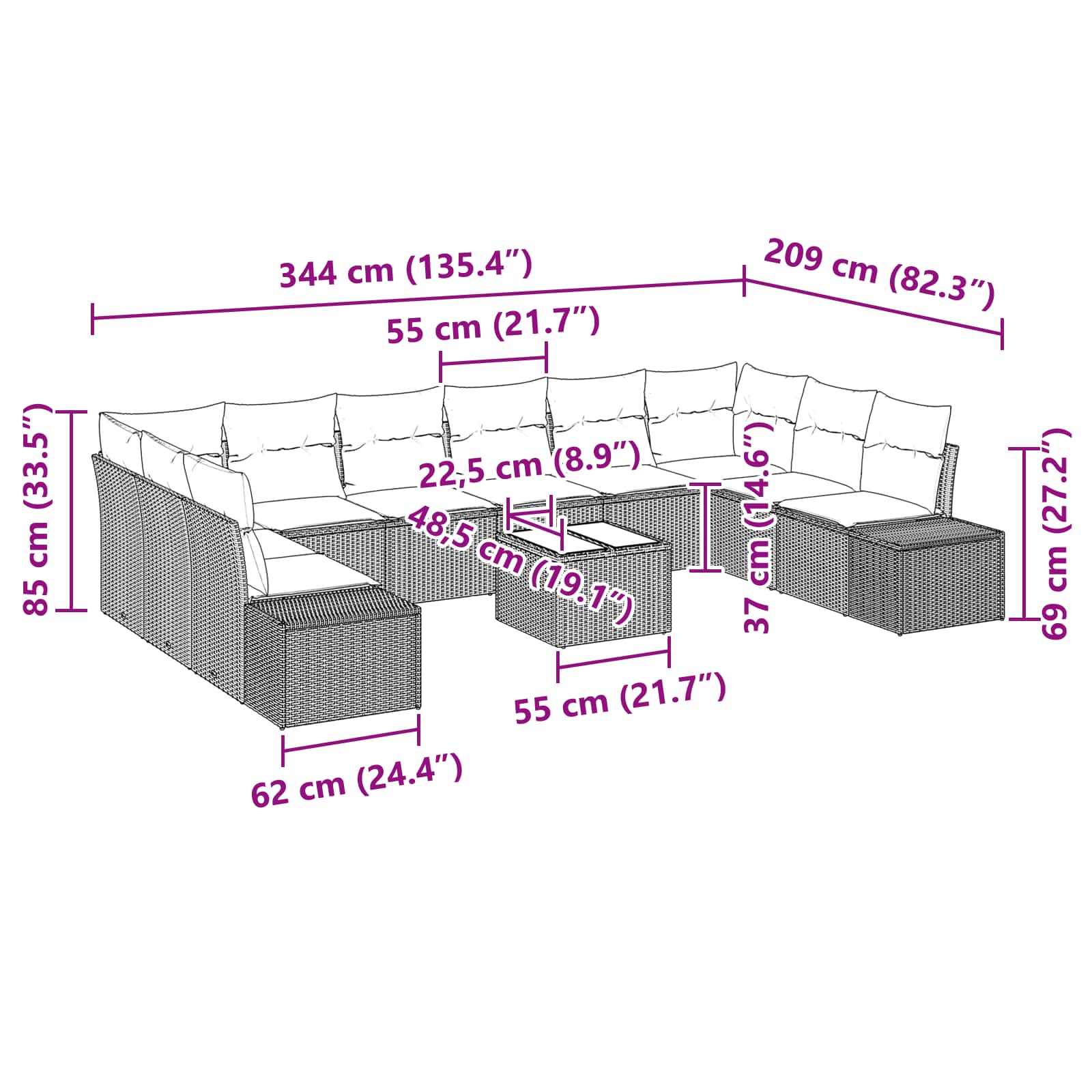 Gartensofa-set mit Kissen 11 pcs Braun Poly-Rattan