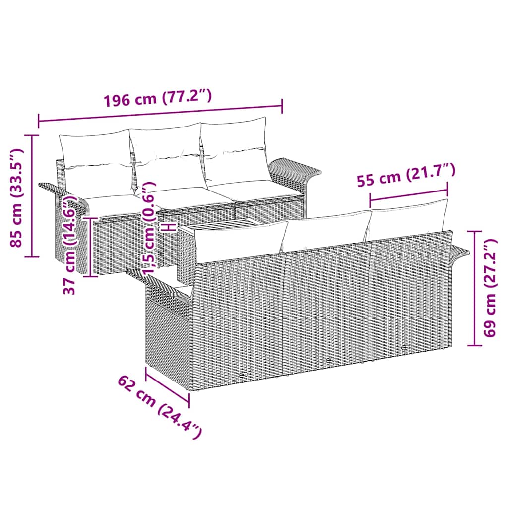 Gartensofa-set mit Kissen 7 pcs Beige Poly-Rattan