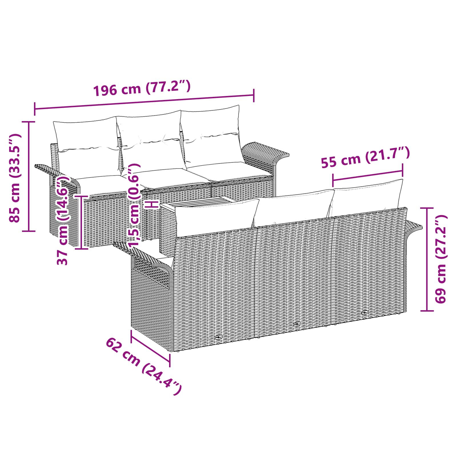 Gartensofa-set mit Kissen 7 pcs Schwarz Poly-Rattan