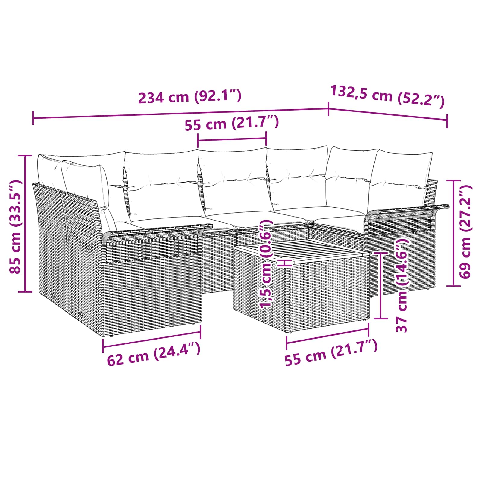 Gartensofa-set mit Kissen 7 pcs Grau Poly-Rattan