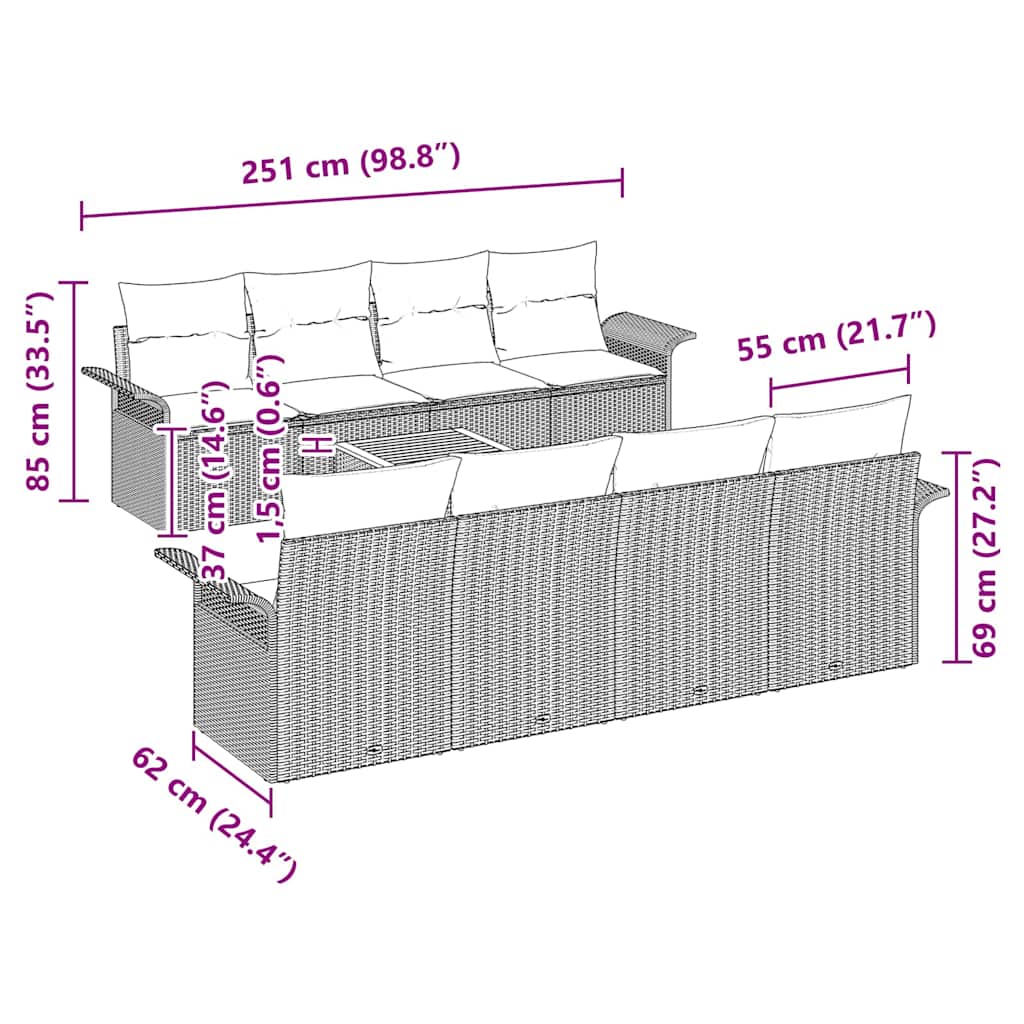 Gartensofa-set mit Kissen 9 pcs Grau Poly-Rattan