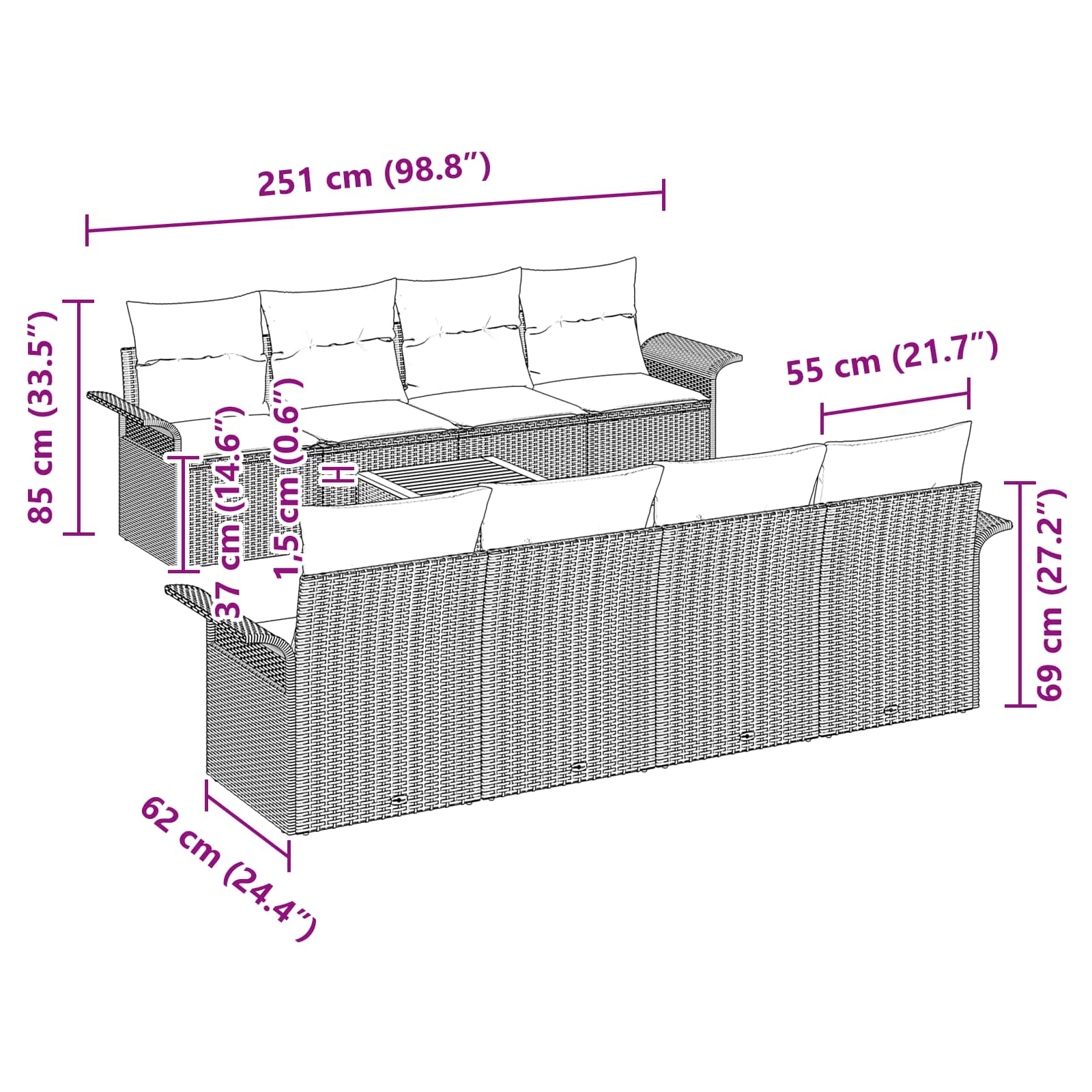 Gartensofa-set mit Kissen 9 pcs Schwarz Poly-Rattan