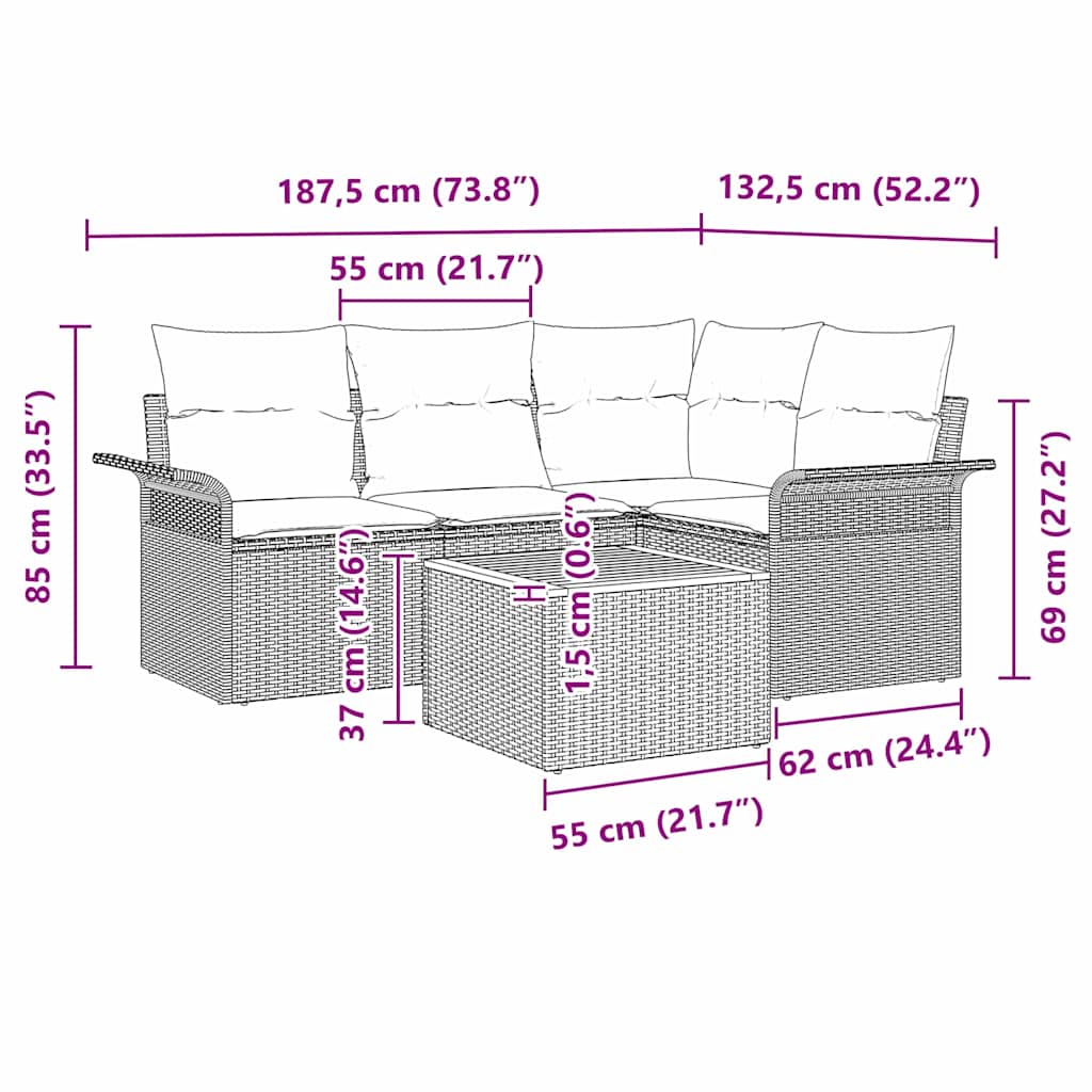 Gartensofa-set mit Kissen 5 pcs Grau Poly-Rattan