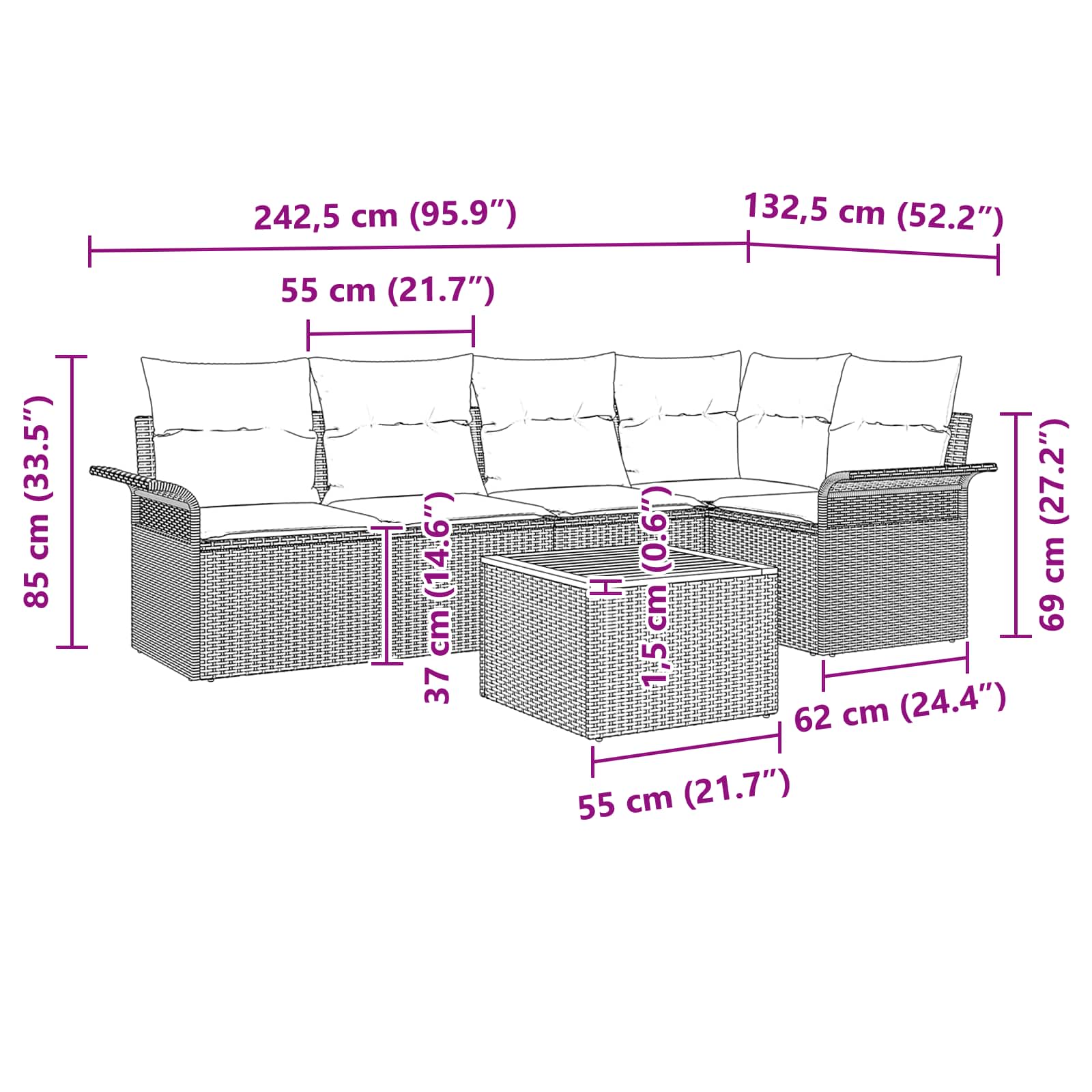Gartensofa-set mit Kissen 6 pcs Schwarz Poly-Rattan
