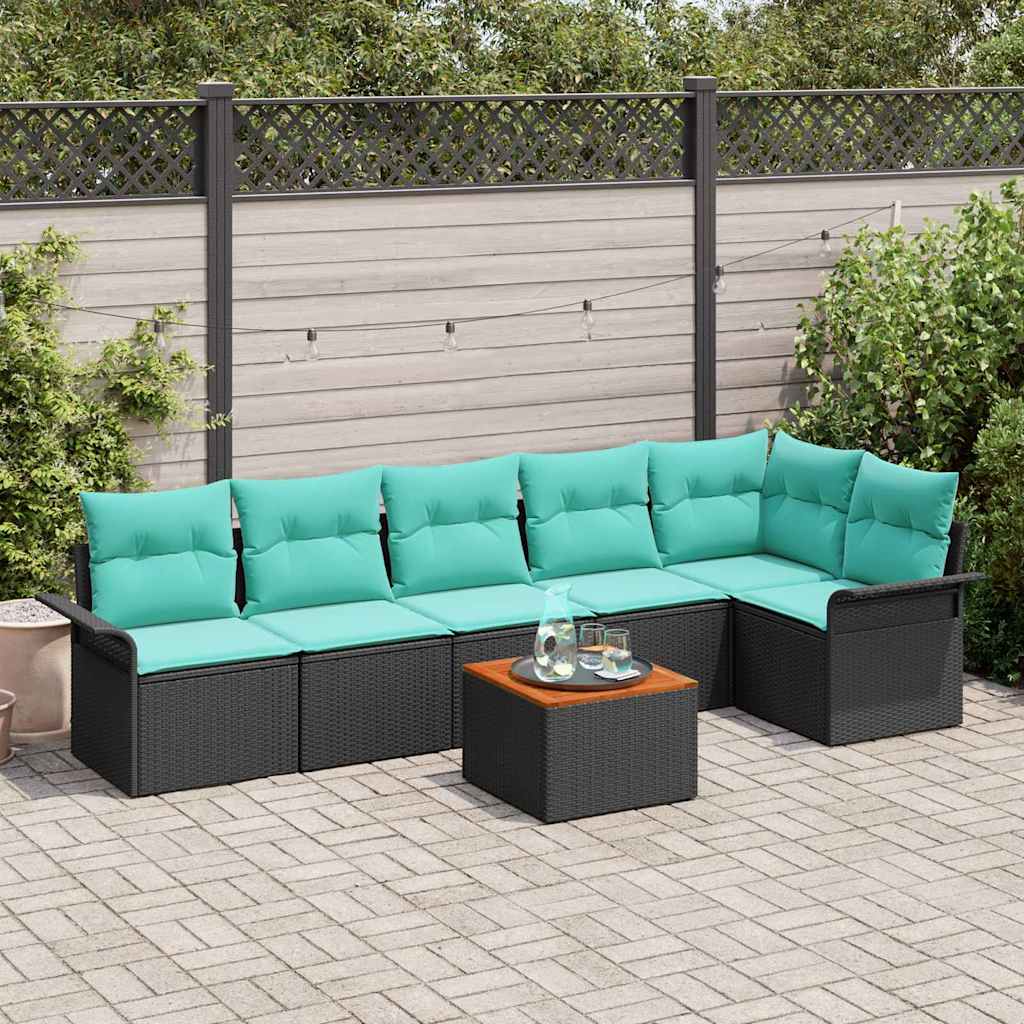 Gartensofa-set mit Kissen 7 pcs Schwarz Poly-Rattan