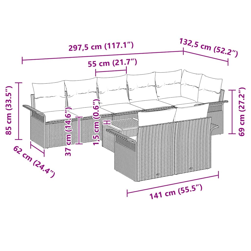 Gartensofa-set mit Kissen 9 pcs Beige Poly-Rattan