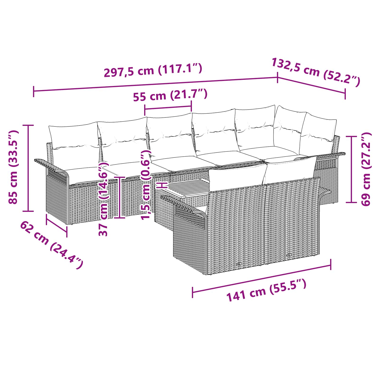 Gartensofa-set mit Kissen 9 pcs Grau Poly-Rattan
