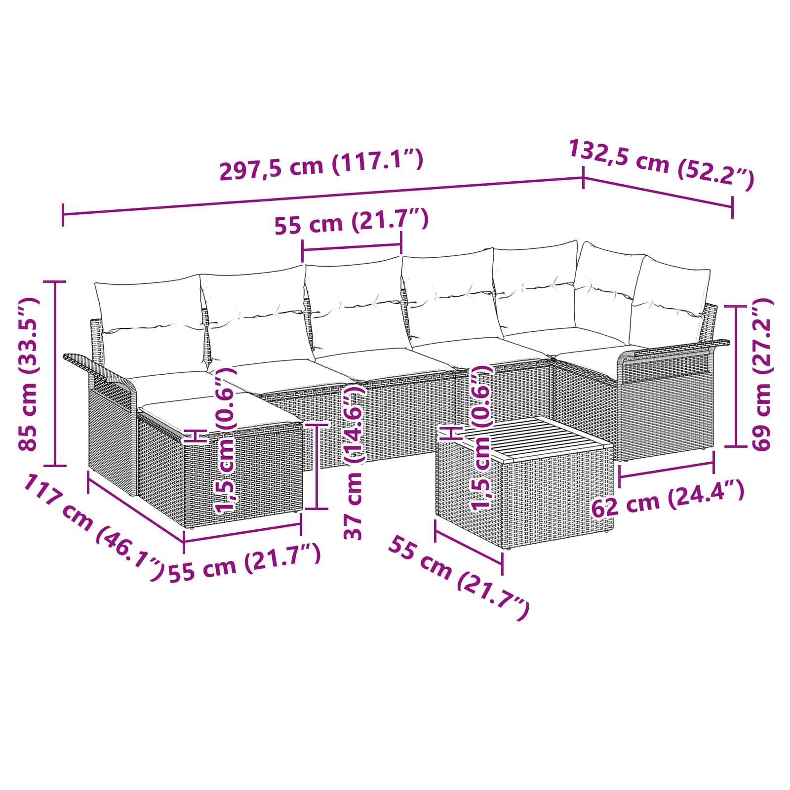 Gartensofa-set mit Kissen 8 pcs Grau Poly-Rattan