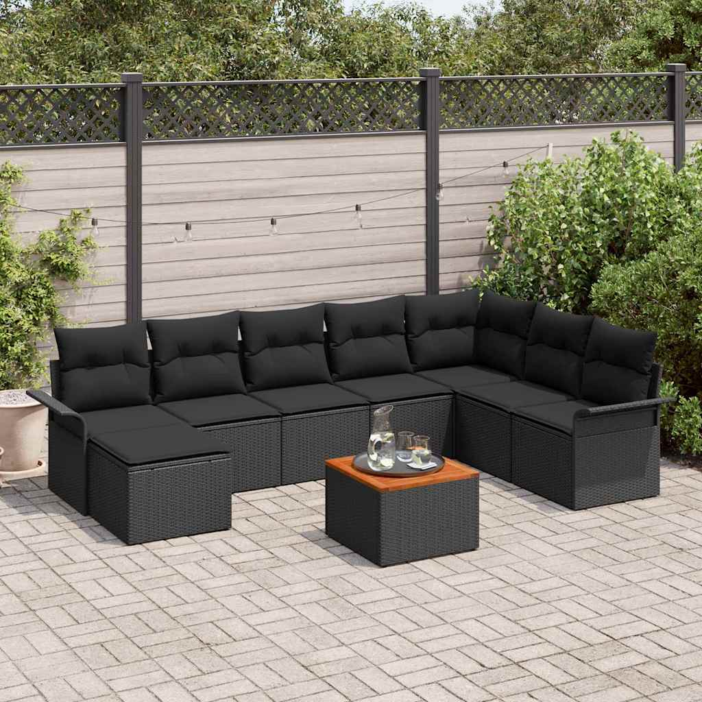 Gartensofa-set mit Kissen 9 pcs Schwarz Poly-Rattan