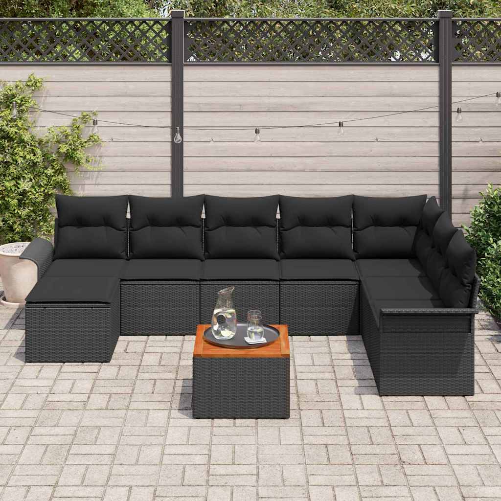 Gartensofa-set mit Kissen 9 pcs Schwarz Poly-Rattan