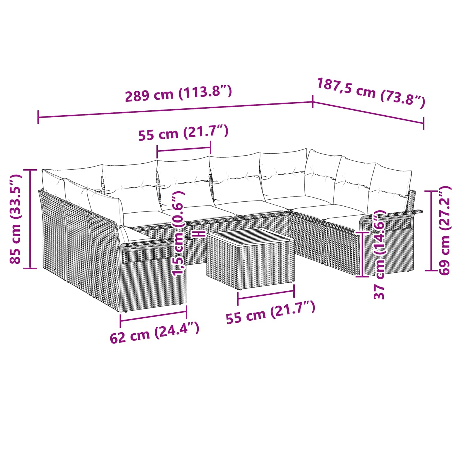 Gartensofa-set mit Kissen 10 pcs Grau Poly-Rattan