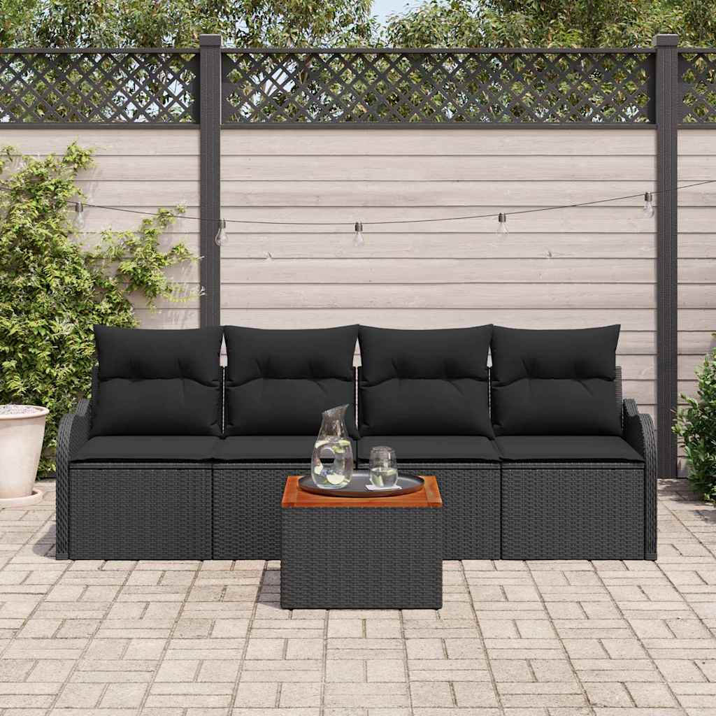 Gartensofa-set mit Kissen 5 pcs Schwarz Poly-Rattan