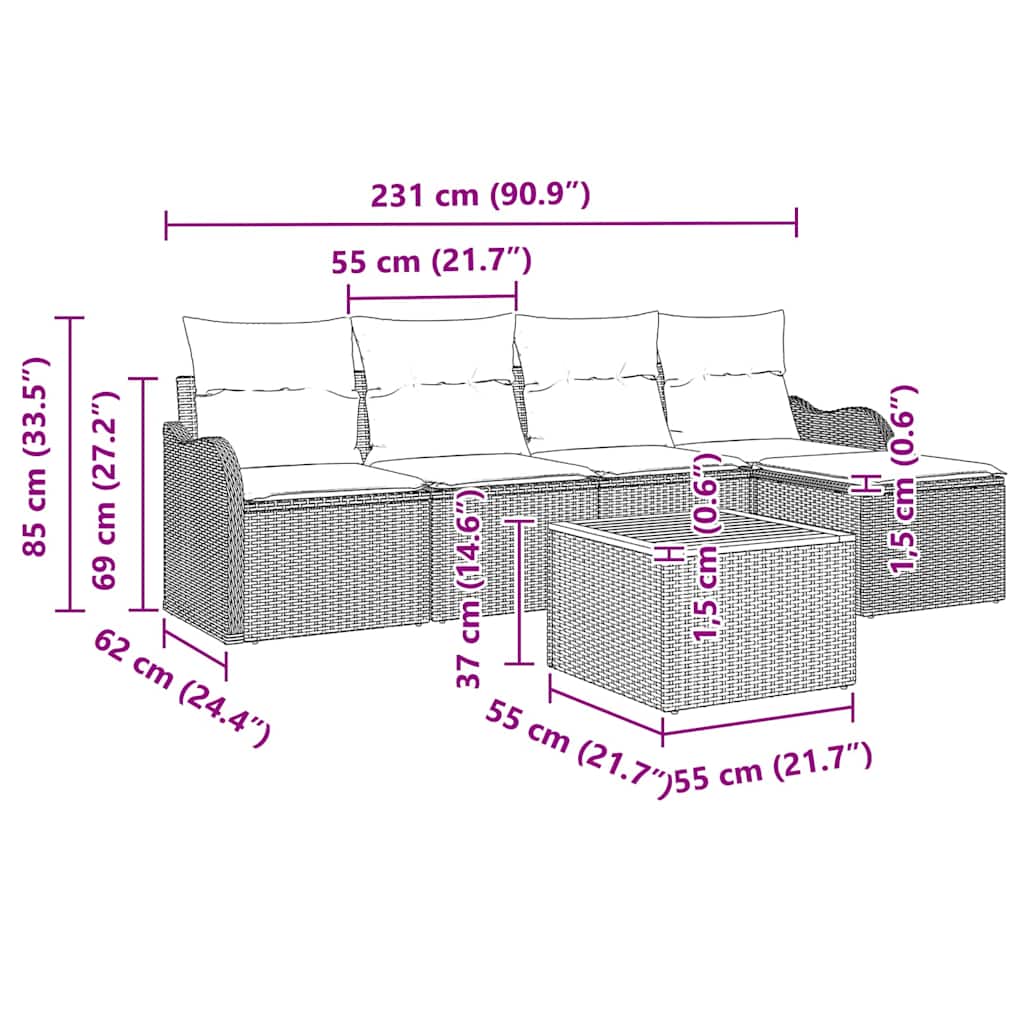 Gartensofa-set mit Kissen 6 pcs Grau Poly-Rattan