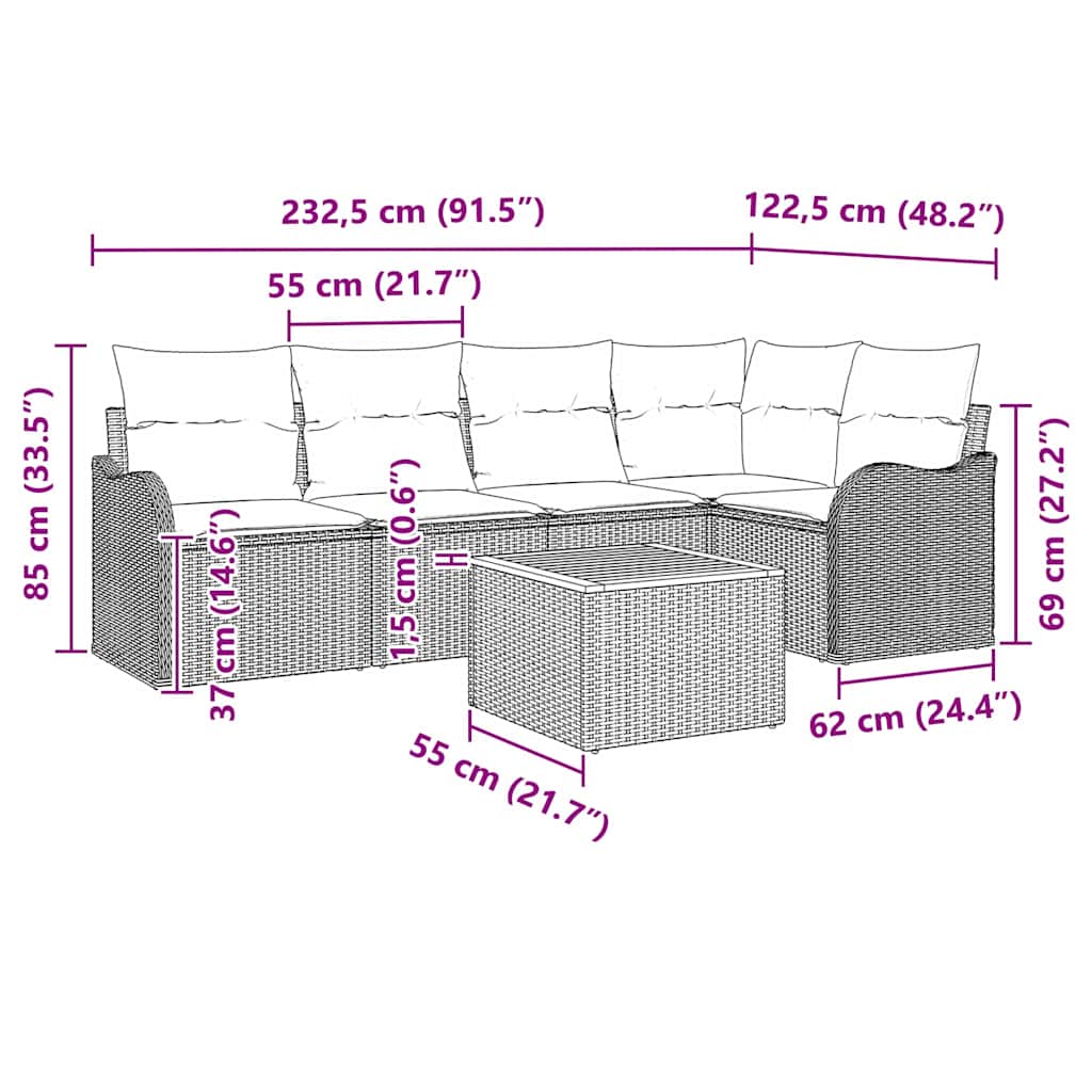 Gartensofa-set mit Kissen 6 pcs Schwarz Poly-Rattan