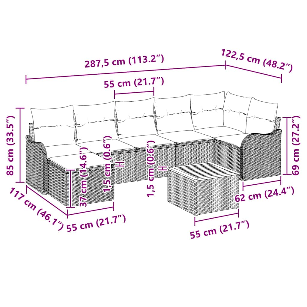 Gartensofa-set mit Kissen 8 pcs Beige Poly-Rattan