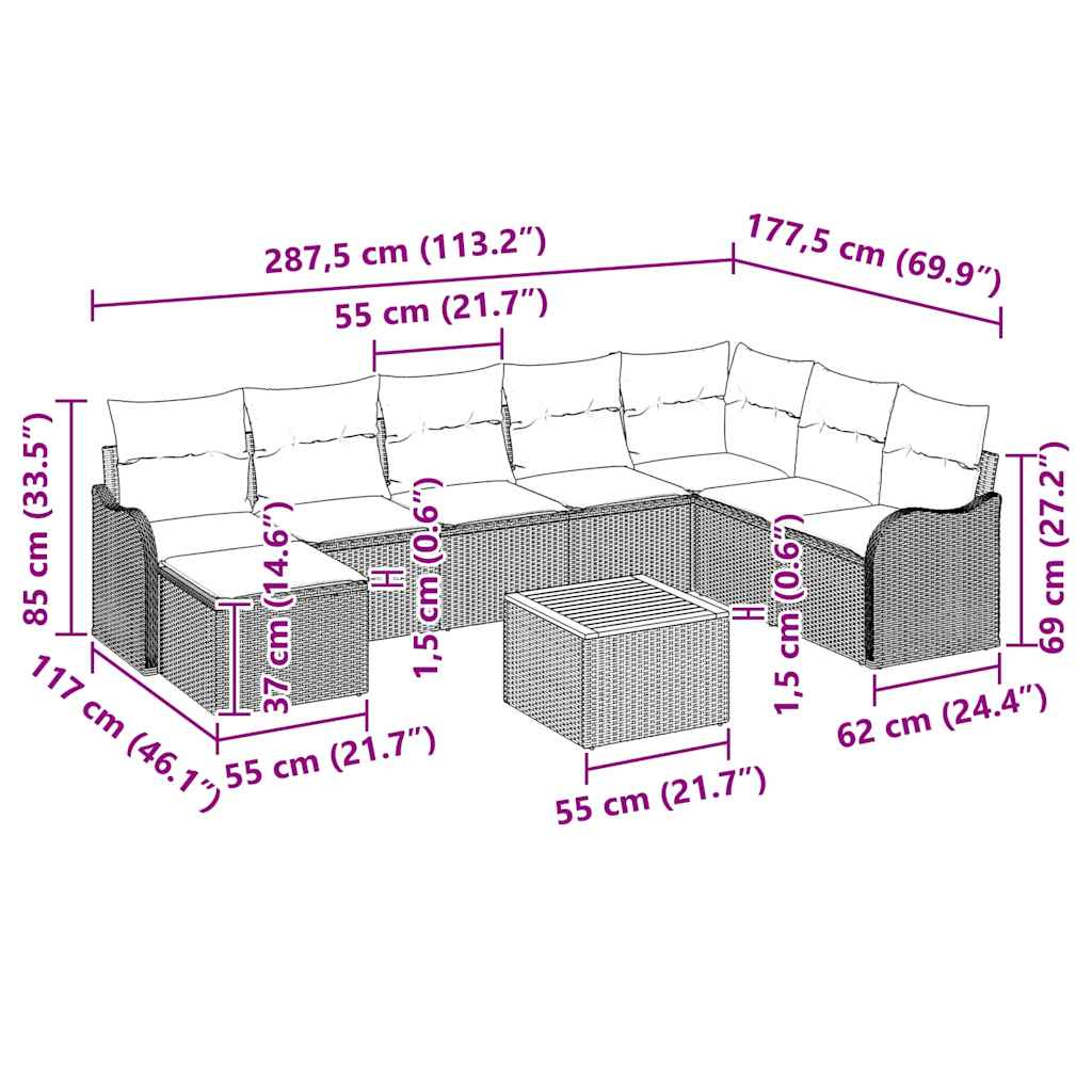 Gartensofa-set mit Kissen 9 pcs Schwarz Poly-Rattan