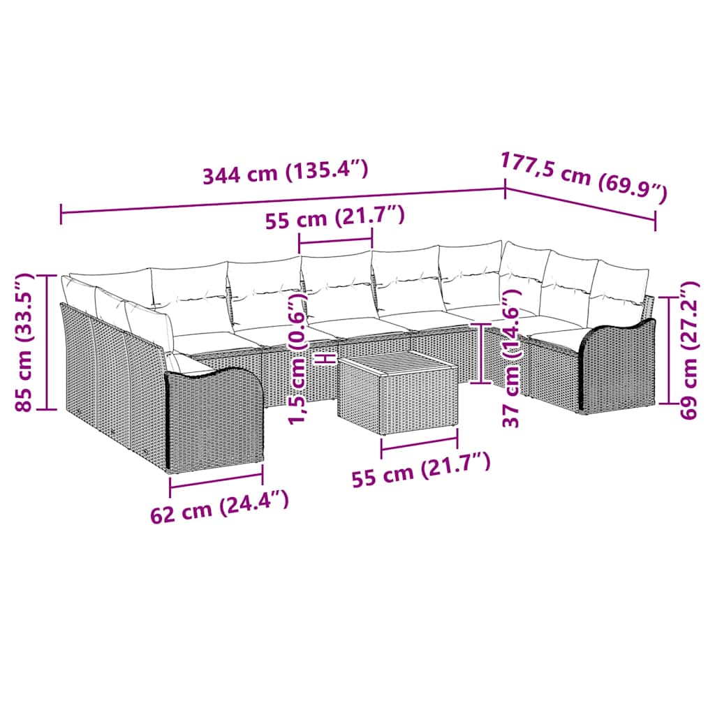 Gartensofa-set mit Kissen 11 pcs Beige Poly-Rattan