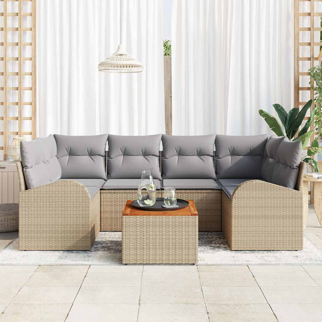Gartensofa-set mit Kissen 7 pcs Beige Poly-Rattan