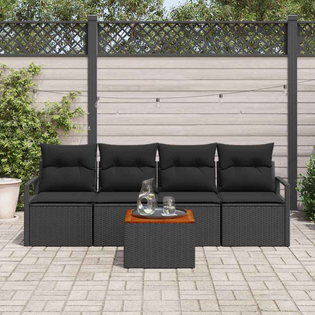Gartensofa-set mit Kissen 5 pcs Schwarz Poly-Rattan