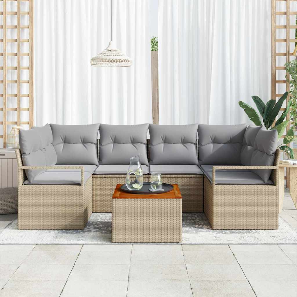 Gartensofa-set mit Kissen 7 pcs Beige Poly-Rattan