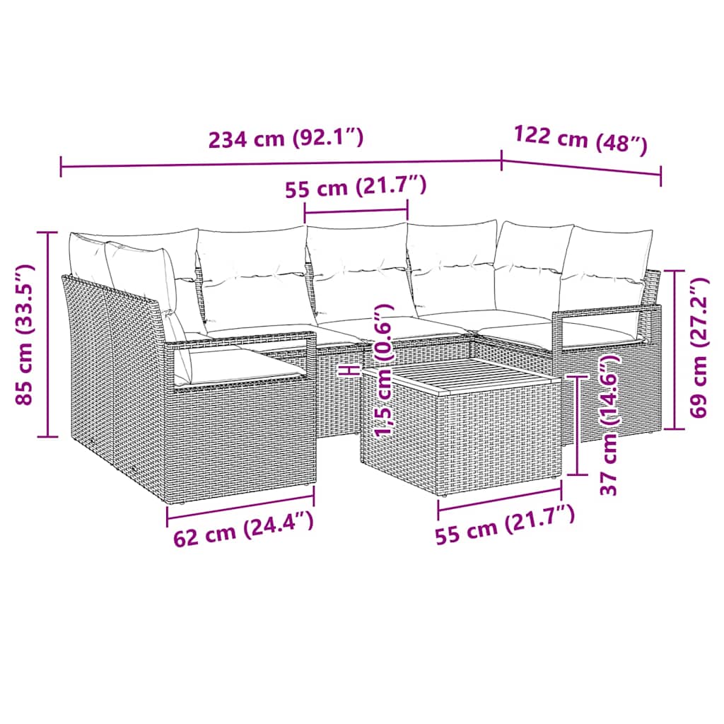 Gartensofa-set mit Kissen 7 pcs Beige Poly-Rattan