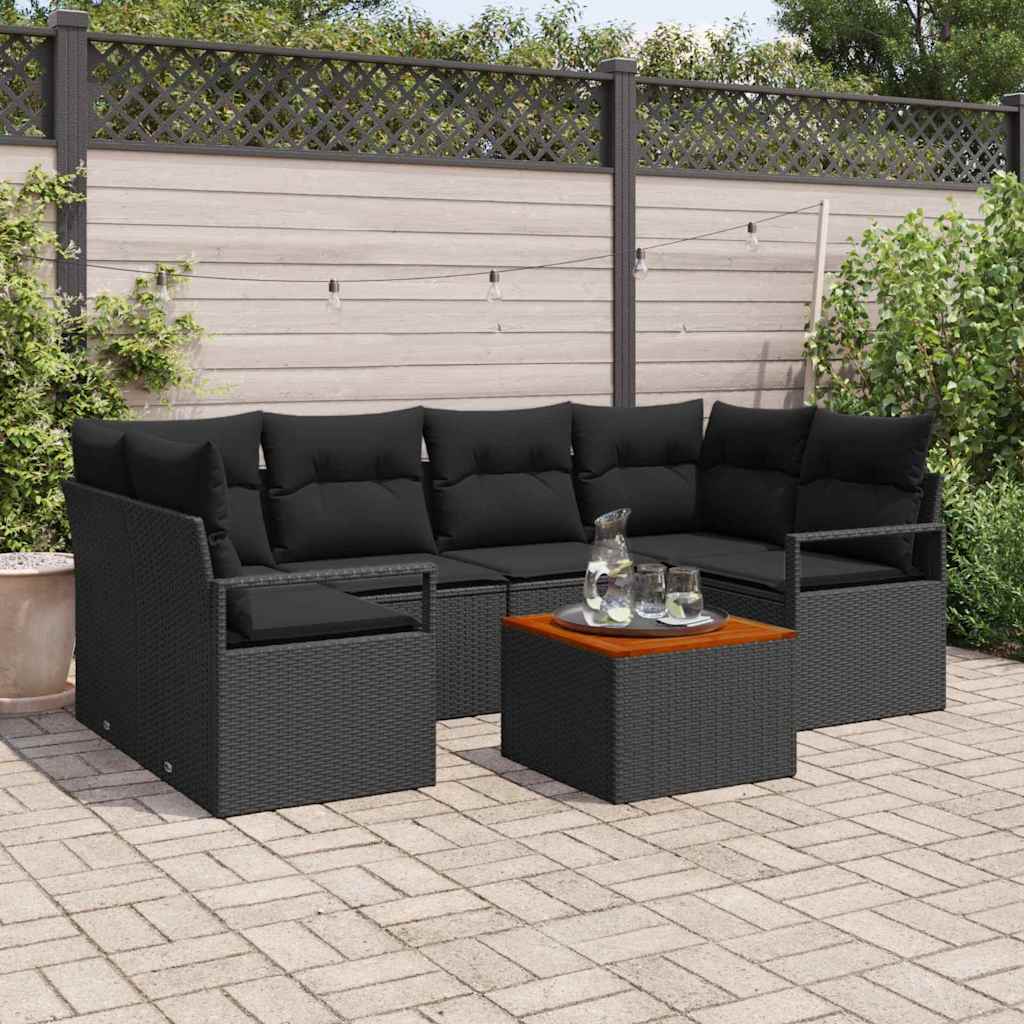 Gartensofa-set mit Kissen 7 pcs Schwarz Poly-Rattan