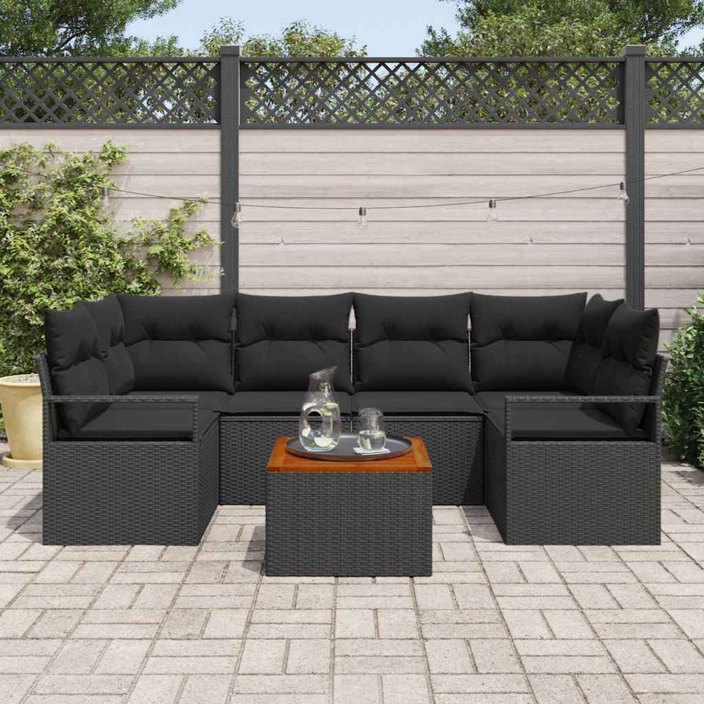 Gartensofa-set mit Kissen 7 pcs Schwarz Poly-Rattan