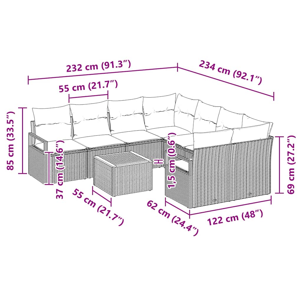 Gartensofa-set mit Kissen 9 pcs Schwarz Poly-Rattan