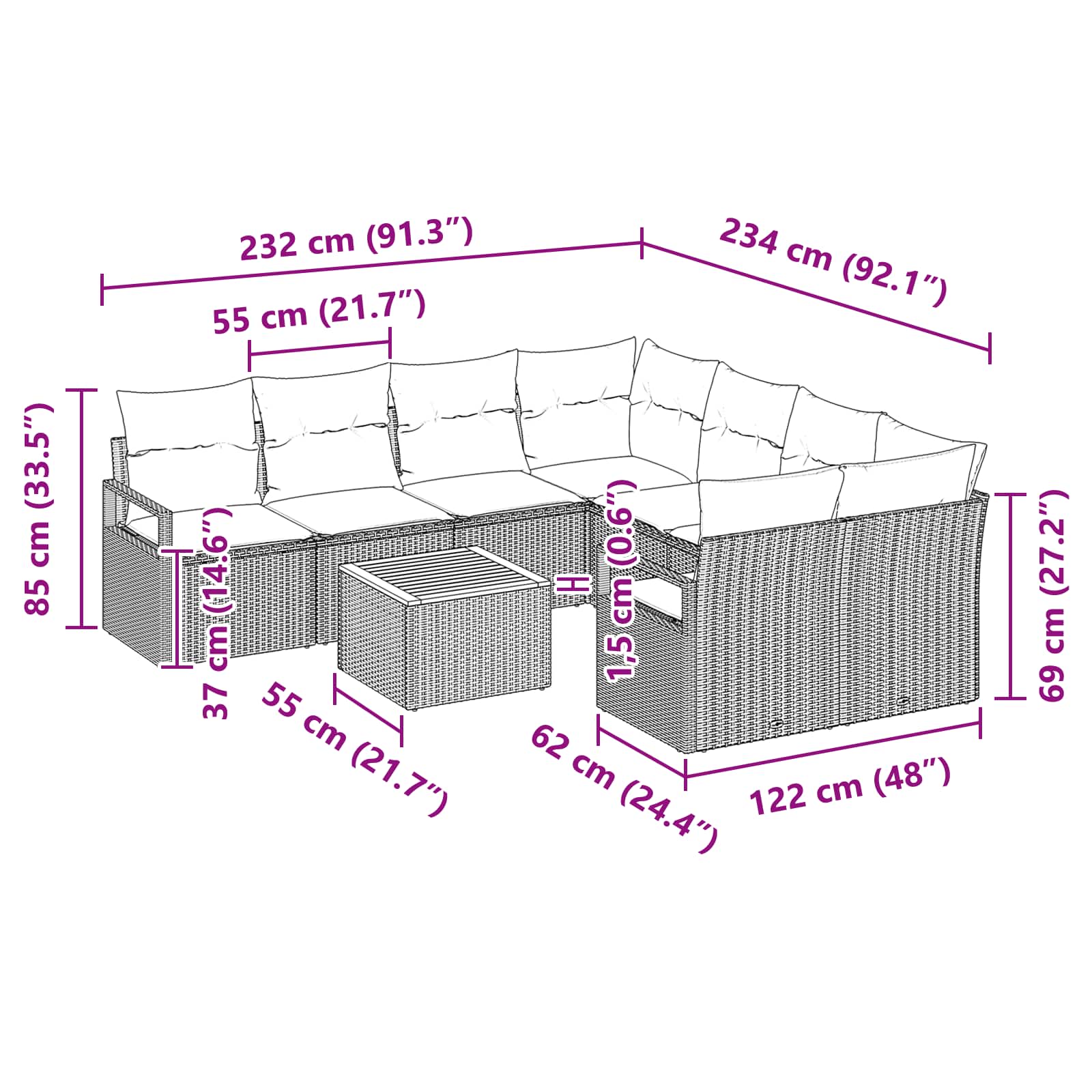 Gartensofa-set mit Kissen 9 pcs Schwarz Poly-Rattan