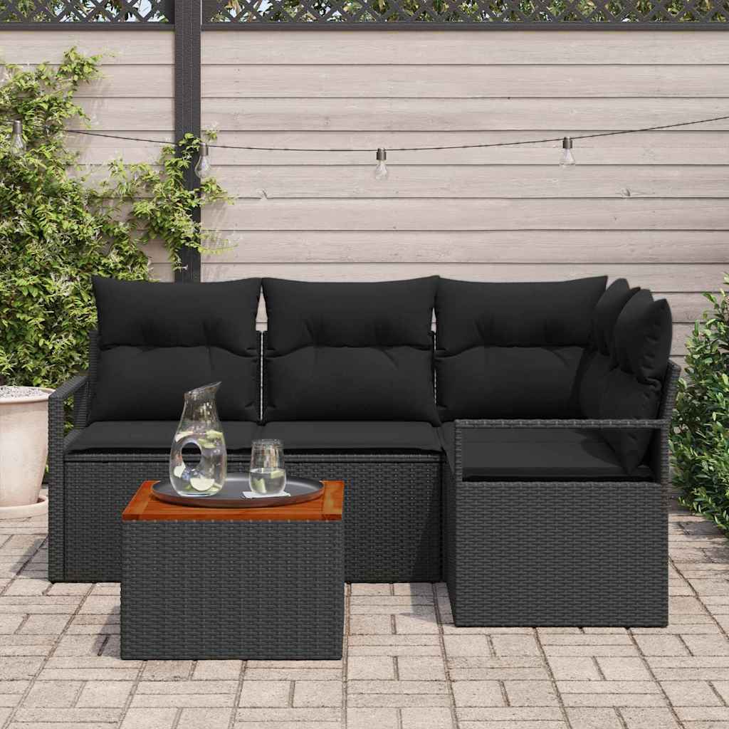 Gartensofa-set mit Kissen 5 pcs Schwarz Poly-Rattan