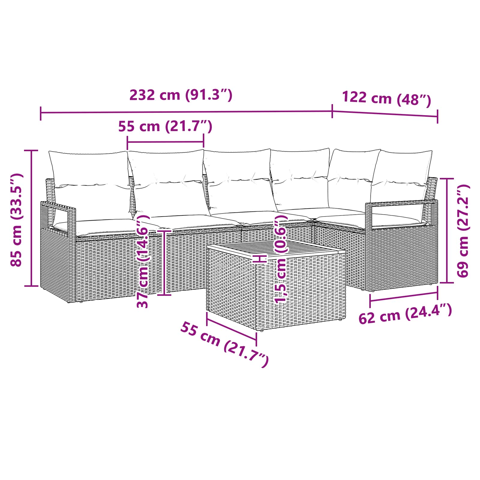 Gartensofa-set mit Kissen 6 pcs Schwarz Poly-Rattan