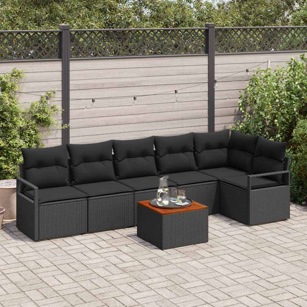 Gartensofa-set mit Kissen 7 pcs Schwarz Poly-Rattan