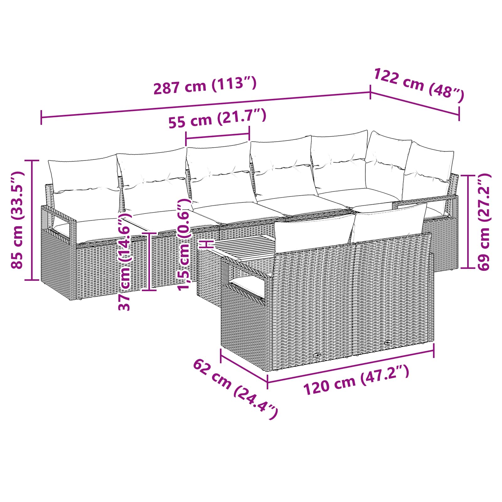 Gartensofa-set mit Kissen 9 pcs Grau Poly-Rattan