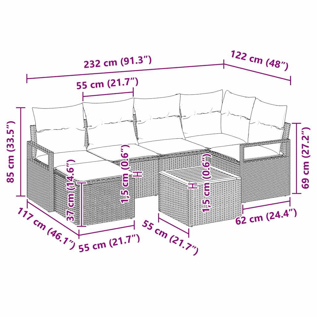 Gartensofa-set mit Kissen 7 pcs Schwarz Poly-Rattan