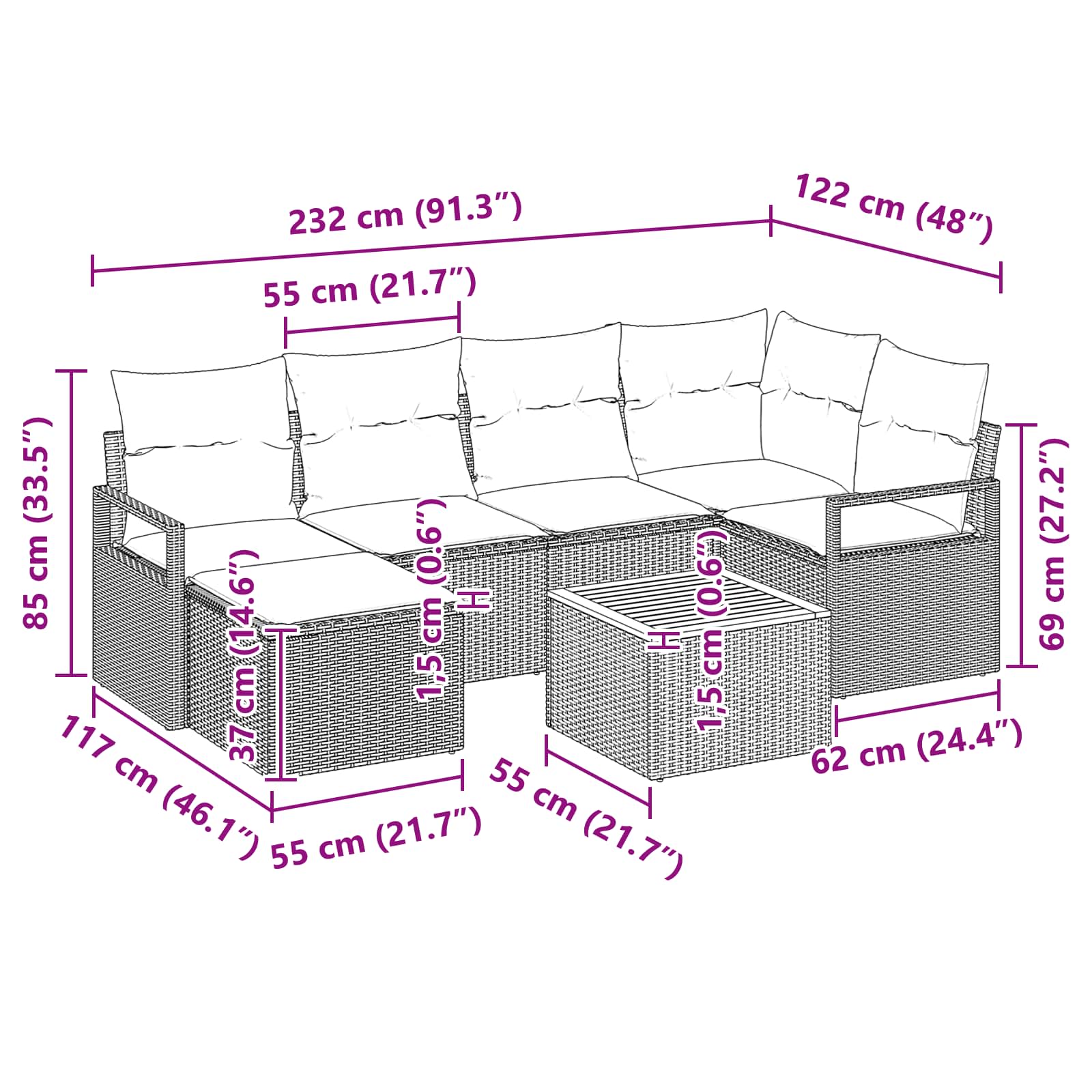 Gartensofa-set mit Kissen 7 pcs Grau Poly-Rattan