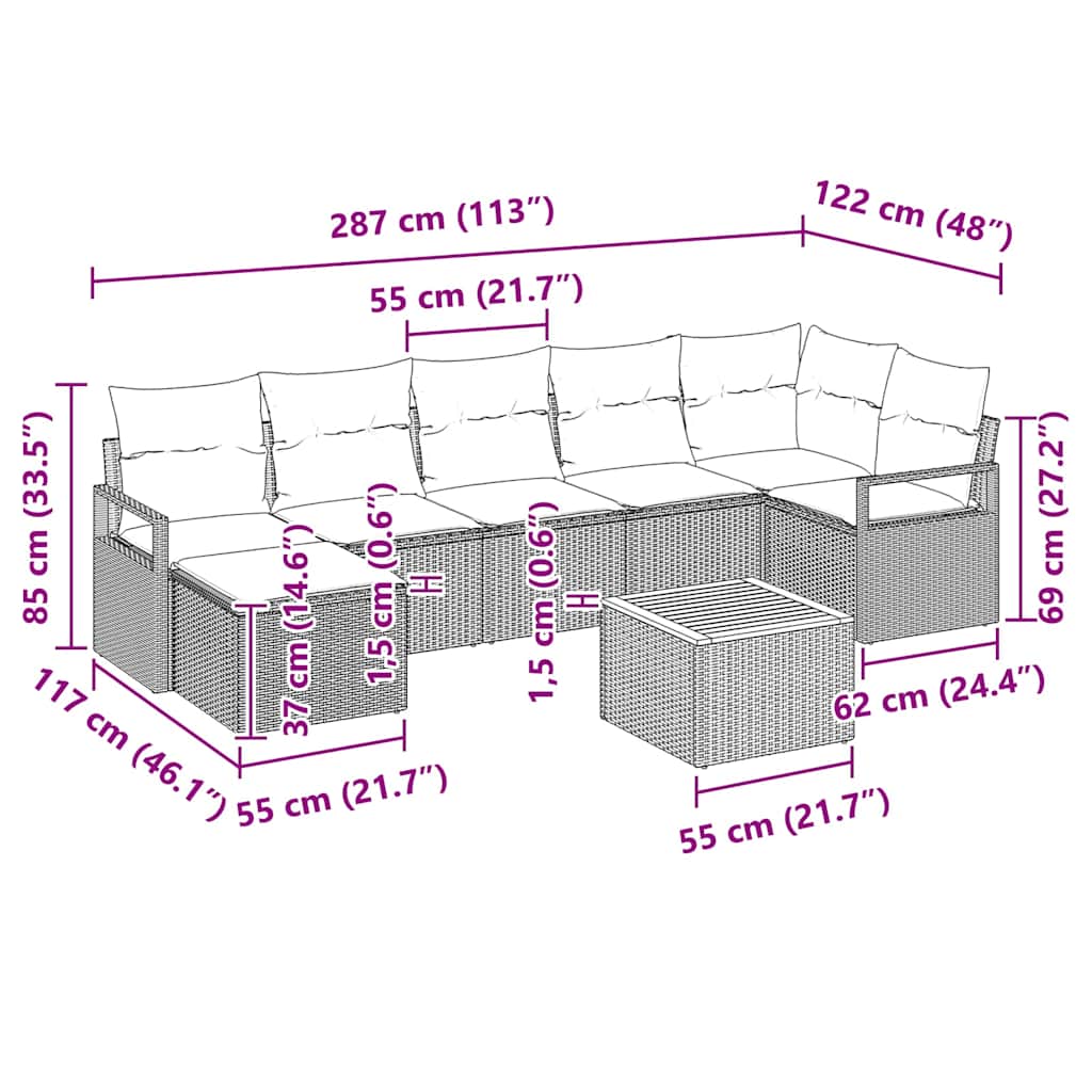 Gartensofa-set mit Kissen 8 pcs Grau Poly-Rattan