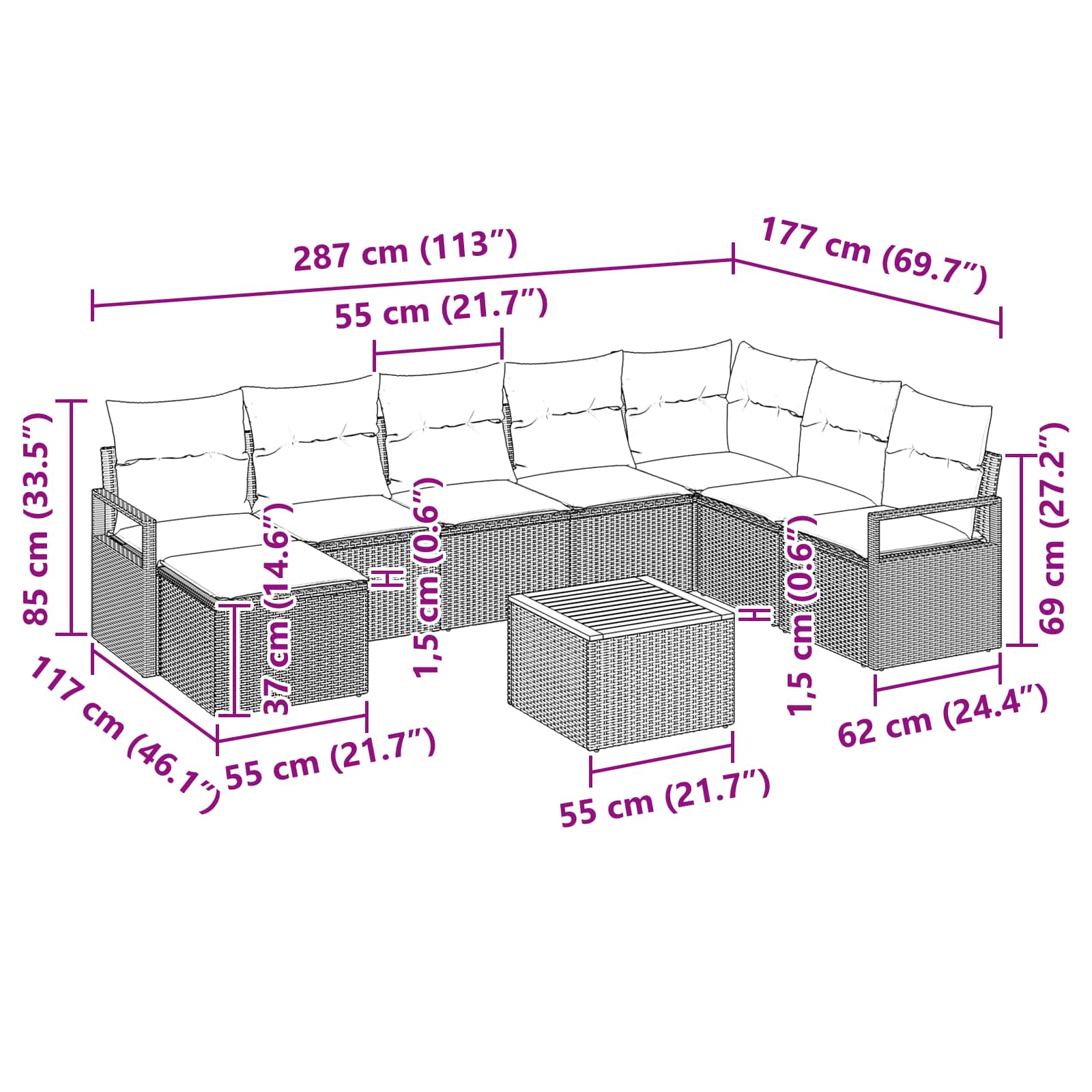 Gartensofa-set mit Kissen 9 pcs Schwarz Poly-Rattan
